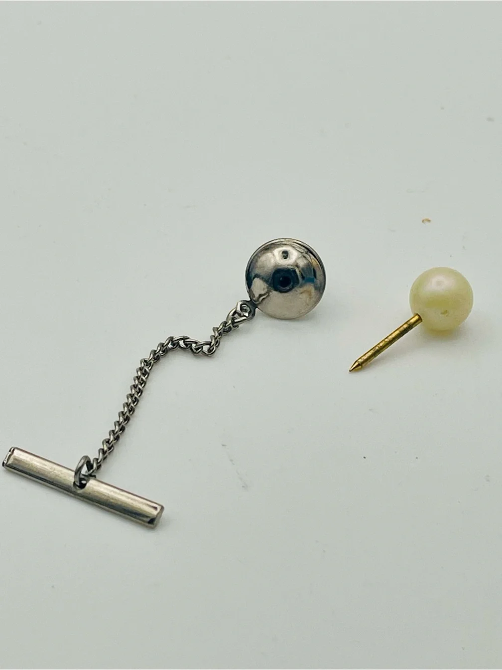 Vintage Silver Tone Chain Tie Tack with Faux Pearl Bead